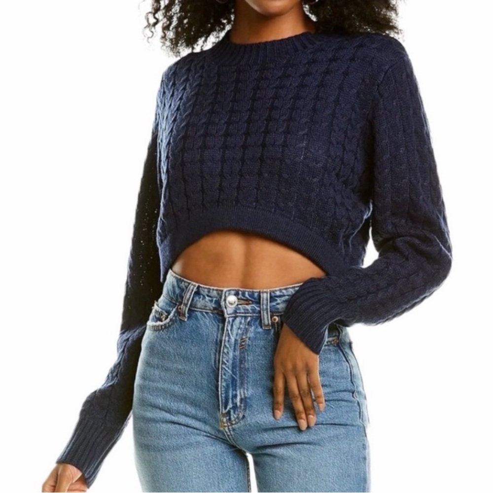 Danielle Bernstein Cropped Cable Knit Sweater Chunky Cozy Pullover Navy Size M